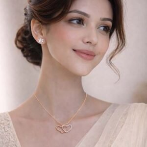 Rose Gold Finish Solitaire two interlocking hearts in a Silver Chain