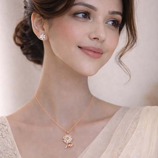 Rose Gold Finish Solitaire Floral Silver Chain