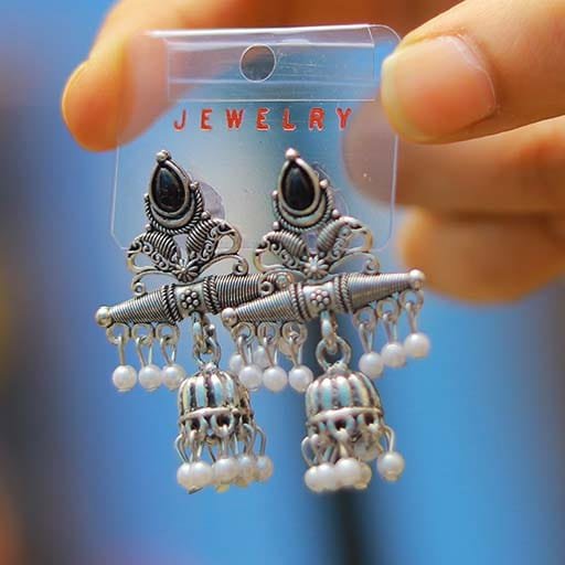 Kiyana Antique Silver Jhumka Drop Earrings - Image 2