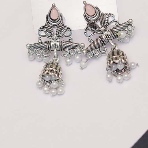 Kiyana Antique Silver Jhumka Drop Earrings - Image 2