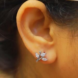 Crystal Leaf Bloom Silver Stud Earrings