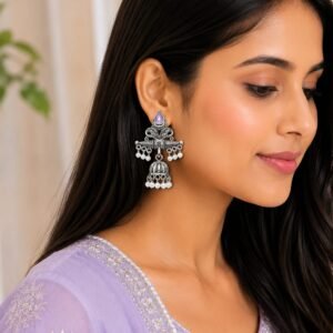 Lavender Pearl Oxidized Jhumka Earrings