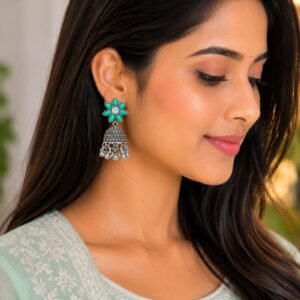 Emerald Bloom Oxidized Jhumka Earrings