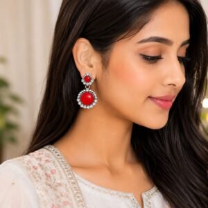 Ruby Red Crystal Halo Drop Earrings