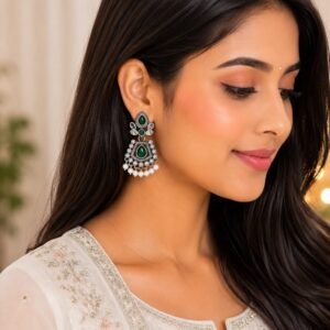 Emerald Pearl Oxidized Chandbali Earrings