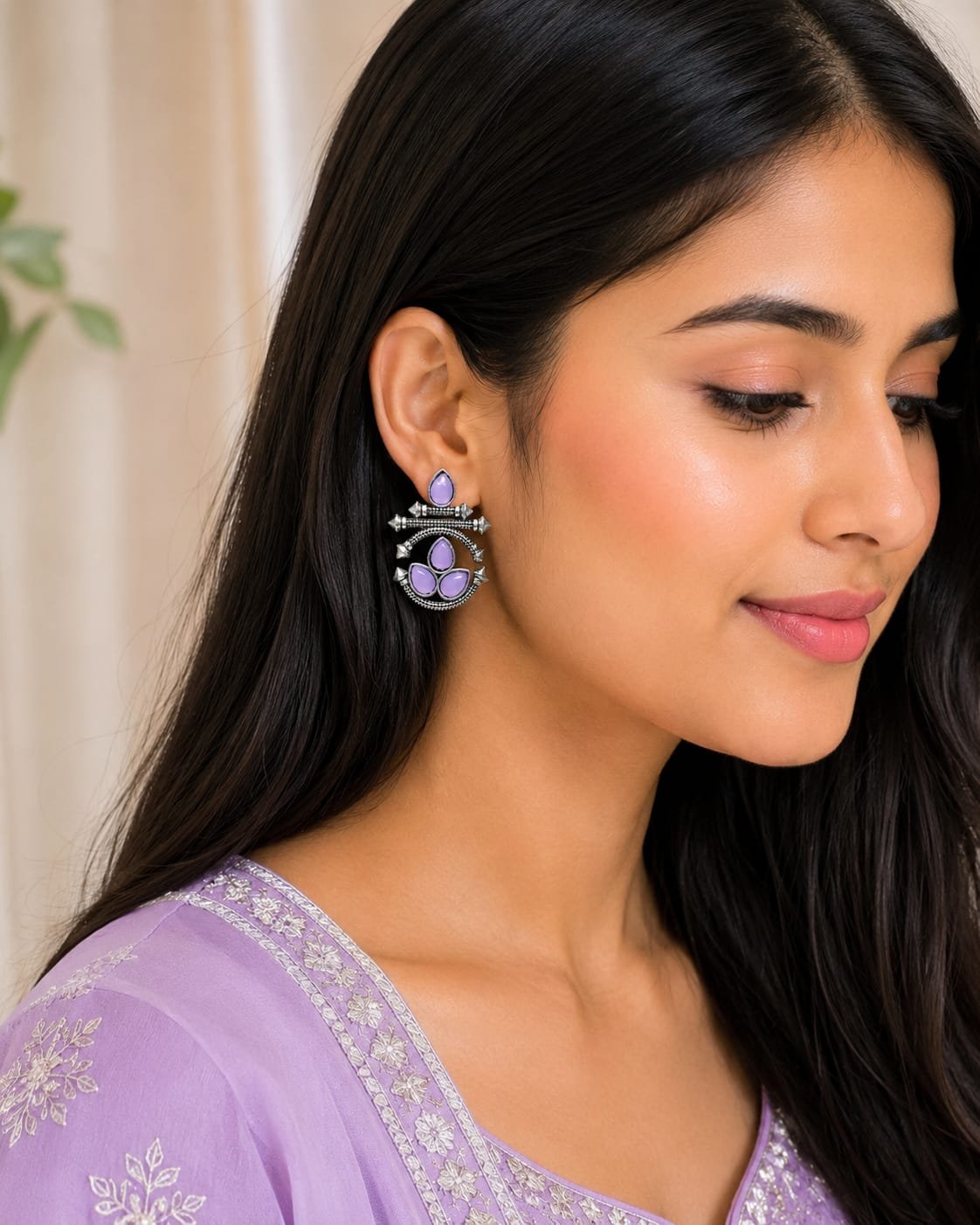 Lavender Petal Oxidized Statement Earrings